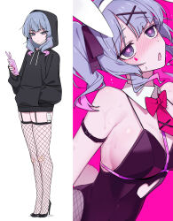 Rule 34 | 1girl, absurdres, animal ears, armband, bare shoulders, black armband, black footwear, black hoodie, black leotard, blue eyes, blue hair, bow, bowtie, breasts, channel ( caststation), closed mouth, cutout above navel, detached collar, drooling, fake animal ears, fake tail, fishnet thighhighs, fishnets, full body, hair ornament, hatsune miku, heart, heart-shaped pupils, high heels, highres, holding, holding phone, hood, hood up, hoodie, leotard, medium breasts, multiple views, naughty face, necktie, open mouth, phone, pink background, pure pure (rabbit hole), rabbit ears, rabbit hole (vocaloid), rabbit tail, red bow, red bowtie, red necktie, sweat, symbol-shaped pupils, tail, thighhighs, twintails, vocaloid, x hair ornament