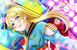 Rule 34 | 1girl, absurdres, angelic angel, ayase eli, birthday, blonde hair, blue eyes, blush, hair ribbon, hand fan, highres, isami don, japanese clothes, kimono, long hair, looking at viewer, love live!, love live! school idol project, obi, open mouth, ponytail, ribbon, sash, scrunchie, smile, solo, white scrunchie