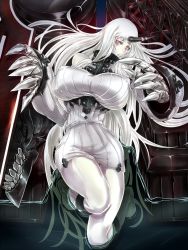 Rule 34 | 10s, 1girl, abyssal ship, bare shoulders, breasts, claws, covered erect nipples, curvy, detached sleeves, dress, highres, horns, huge breasts, kantai collection, large breasts, long hair, pale skin, partially submerged, red eyes, ribbed dress, seaport princess, short dress, sideboob, single horn, solo, sweater, sweater dress, thighs, very long hair, wading, white hair, yamaneko