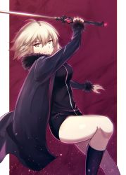 Rule 34 | 1girl, ahoge, black shirt, black socks, fal (fal-se-0), fate/grand order, fate (series), from side, fur trim, highres, holding, holding sword, holding weapon, jacket, jeanne d&#039;arc (fate), jeanne d&#039;arc alter (fate), jeanne d&#039;arc alter (ver. shinjuku 1999) (fate), long sleeves, looking at viewer, looking to the side, official alternate costume, open clothes, open jacket, shirt, short hair, shorts, silver hair, socks, solo, sword, weapon, yellow eyes