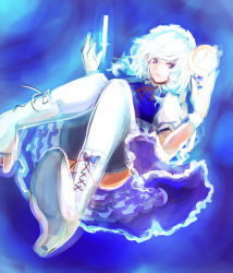 Rule 34 | 1girl, blue background, blue eyes, boots, dearmybrothers, female focus, gloves, highres, izayoi sakuya, knife, ribbon, short hair, simple background, sketch, solo, stopwatch, thighhighs, touhou, watch, white gloves, white hair, white thighhighs
