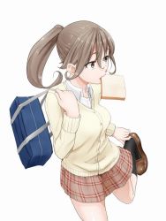 Rule 34 | 1girl, adjusting clothes, adjusting shoe, bag, bread slice, brown eyes, brown hair, cardigan, food, food in mouth, loafers, long hair, looking back, magekichi, mouth hold, original, plaid, plaid skirt, ponytail, school bag, school uniform, shoes, skirt, solo, toast, toast in mouth