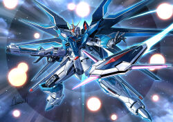 Rule 34 | absurdres, amasaki yusuke, beam rifle, blue eyes, commentary request, energy gun, explosion, finger on trigger, full body, glowing, glowing eyes, gun, gundam, gundam seed, gundam seed freedom, highres, holding, holding gun, holding weapon, legs apart, mecha, mecha focus, mechanical wings, mobile suit, no humans, open hand, outstretched arm, rising freedom gundam, robot, science fiction, signature, solo, space, star (sky), v-fin, weapon, wings