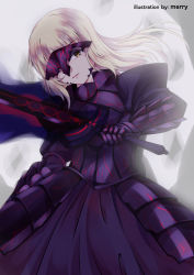 Rule 34 | 1girl, armor, armored dress, artoria pendragon (fate), backlighting, blonde hair, breastplate, excalibur morgan (fate), fate/grand order, fate/stay night, fate (series), highres, light smile, long hair, mask over one eye, merry go happy, saber alter, solo, white background, yellow eyes