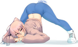 Rule 34 | 1girl, absurdres, arm support, artist name, ass, blue hair, blue pants, blush, bright pupils, closed mouth, full body, gradient hair, hair between eyes, highres, jack-o&#039; challenge, long hair, long sleeves, looking at viewer, multicolored hair, original, pants, pink hair, pink sweater, ponytail, shoes, simple background, sneakers, solo, spread legs, suraya (z666ful), sweater, top-down bottom-up, white background, white footwear, yoga pants, z666ful
