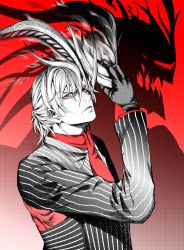 Rule 34 | 1boy, akagane u, antonio salieri (fate), antonio salieri (second ascension) (fate), antonio salieri (third ascension) (fate), black fire, black gloves, different shadow, fate/grand order, fate (series), fire, formal, gloves, half updo, mask, red background, red eyes, scarf, striped, suit, white hair