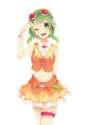 Rule 34 | 1girl, absurdres, arm behind back, bare shoulders, belt, commentary, cowboy shot, crop top, detached collar, erchenger, frilled skirt, frills, goggles, goggles on head, green eyes, green hair, gumi, hand up, headphones, headset, highres, layered skirt, looking at viewer, midriff, navel, one eye closed, open mouth, orange skirt, orange vest, red goggles, skirt, smile, solo, standing, thigh strap, vest, vocaloid, white background, wrist cuffs
