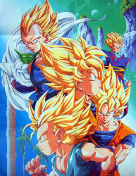 Rule 34 | 1990s (style), alien, blonde hair, cape, dragon ball, dragonball z, father and son, halo, highres, looking at viewer, male focus, multiple boys, muscular, official art, piccolo, scan, serious, son gohan, son goku, son goten, spiked hair, super saiyan, trunks (dragon ball), vegeta