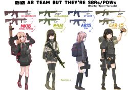 Rule 34 | 4girls, aged down, ammunition pouch, ar-15, arrow (symbol), assault rifle, backpack, bag, black eyes, black gloves, black hair, black jacket, black skirt, black socks, black thighhighs, blonde hair, blue bag, blunt bangs, body armor, boots, brassard, brown footwear, brown shirt, can, colt commando, carbine, closed mouth, collared jacket, collared shirt, commentary, company name, cross-laced footwear, cross hair ornament, dgkamikaze, english commentary, english text, engrish commentary, fanny pack, full body, girls&#039; frontline, gloves, grey jacket, gun, hair ornament, hand up, highres, holding, holding can, holding gun, holding weapon, jacket, knee pads, kneehighs, lace-up boots, long hair, long sleeves, looking at another, looking back, looking up, m16a1 (girls&#039; frontline), m4 carbine, m4 sopmod ii (girls&#039; frontline), m4a1 (girls&#039; frontline), magazine (weapon), medium hair, microphone, miniskirt, mk 18 carbine, mug root beer, multicolored hair, multiple girls, neck warmer, necktie, one side up, optical sight, personal defense weapon, pink hair, bulletproof vest, pleated skirt, pocket, pouch, red eyes, red footwear, red hair, rifle, shirt, shoelaces, shoes, short-barreled rifle, skirt, smile, sneakers, socks, st ar-15 (girls&#039; frontline), standing, streaked hair, thighhighs, twitter username, two-tone hair, weapon, weapon family, weapon name, white background, white footwear, white jacket, white skirt