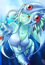 Rule 34 | 1girl, artist request, bandai, bare shoulders, breasts, colored skin, curvy, digimon, digimon (creature), facial mark, female focus, fish girl, gauntlets, green skin, helmet, monster girl, one-piece swimsuit, ranamon, red eyes, smile, swimming, swimsuit, underwater, water