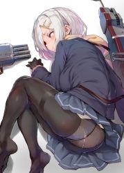 Rule 34 | 10s, 1girl, alternate costume, ass, bad id, bad twitter id, black gloves, black pantyhose, blue eyes, blue skirt, breasts, crotch seam, from above, gloves, hair ornament, hair over one eye, hairclip, hamakaze (kancolle), highres, jacket, kantai collection, large breasts, long sleeves, lying, machinery, panties, panties under pantyhose, pantyhose, sabaku no tanuki, scarf, shadow, silver hair, simple background, skirt, solo, thighband pantyhose, torpedo, turret, underwear, white background