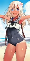 Rule 34 | 10s, 1girl, :d, absurdres, amano don, bad id, bad pixiv id, blonde hair, blue eyes, blush, highres, kantai collection, long hair, one-piece swimsuit, open mouth, ro-500 (kancolle), sailor collar, school swimsuit, school uniform, serafuku, smile, solo, swimsuit, swimsuit under clothes, tan, torpedo