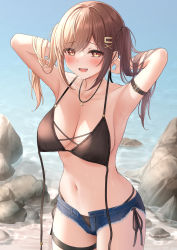 Rule 34 | 1girl, arm strap, arms behind head, arms up, beach, bikini, bikini under clothes, black bikini, blush, breasts, brown eyes, brown hair, commentary request, cowboy shot, denim, denim shorts, fang, hair ornament, hairclip, highres, holding, holding clothes, holding swimsuit, jewelry, large breasts, looking at viewer, micro shorts, monaka curl, navel, open fly, open mouth, original, pendant, raised eyebrows, rock, short shorts, shorts, side-tie bikini bottom, solo, stomach, swimsuit, thigh strap, untied bikini, water, x hair ornament