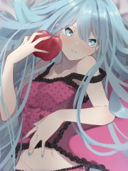 Rule 34 | 1girl, apple, aqua eyes, aqua hair, aqua nails, bare arms, bare shoulders, camisole, collarbone, food, fruit, hair down, hatsune miku, highres, holding, holding food, holding fruit, kiinakin, lace-trimmed camisole, lace trim, long hair, looking at viewer, lying, midriff, nail polish, navel, on back, pale skin, pillow, pink camisole, polka dot camisole, red apple, romeo to cinderella (vocaloid), serious, solo focus, strap slip, tsurime, very long hair, vocaloid
