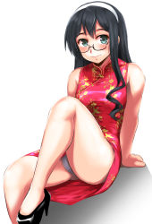 Rule 34 | 1girl, absurdres, alternate costume, black footwear, black hair, china dress, chinese clothes, commentary request, cowboy shot, dress, green eyes, hairband, high heels, highres, kantai collection, long hair, looking at viewer, ooyodo (kancolle), panties, red dress, semi-rimless eyewear, simple background, solo, under-rim eyewear, underwear, white background, white hairband, white panties, yellow quokka
