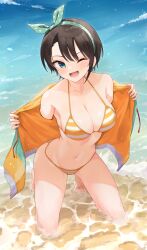 Rule 34 | 1girl, ;d, aqua eyes, bare shoulders, barefoot, beach, bikini, black hair, bow, breasts, cleavage, collarbone, drawstring, full body, hair bow, hands up, highres, hololive, jacket, kneeling, large breasts, leaning forward, looking at viewer, lower teeth only, navel, one eye closed, oozora subaru, oozora subaru (hololive summer 2019), open clothes, open jacket, open mouth, parted lips, polka dot, polka dot bow, profnote, smile, solo, stomach, striped bikini, striped clothes, swimsuit, teeth, thighs, virtual youtuber, water