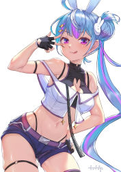 Rule 34 | 1girl, :3, :q, absurdres, ahoge, animal ears, arm strap, arm up, armpits, arpeggio kaga, bare shoulders, belt, black gloves, black shirt, blue hair, blue shorts, breasts, cleavage, cleavage cutout, closed mouth, clothing cutout, commission, contrapposto, cowboy shot, crop top, denim, denim shorts, fingerless gloves, gloves, hair ornament, hand on own hip, highleg, highres, leaning forward, long hair, looking at viewer, medium breasts, midriff, multicolored hair, navel, off shoulder, original, purple eyes, rabbit cutout, rabbit ears, shirt, short shorts, shorts, side ponytail, simple background, skeb commission, skindentation, sleeveless, sleeveless shirt, smile, solo, standing, stomach, streaked hair, thigh strap, thighs, tongue, tongue out, undershirt, v-shaped eyebrows, very long hair, white shirt