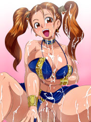 Rule 34 | 1girl, alternate costume, bikini, breast hold, breasts, brown eyes, brown hair, bukkake, censored, clothing aside, cowgirl position, cum, cum in pussy, cum on body, cum on breasts, cum on clothes, cum on hair, cum on lower body, cum on pussy, cum on upper body, dragon quest, dragon quest viii, earrings, facial, girl on top, highres, jessica albert, jewelry, large breasts, lipstick, long hair, magic bikini (dq), makeup, open mouth, panties, panties aside, penis, pussy, pussy juice, raburebo, sarong, sex, solo focus, spread legs, square enix, straddling, sweat, swimsuit, twintails, underwear, vaginal