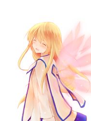 Rule 34 | 00s, 1girl, blonde hair, coat, colette brunel, closed eyes, long hair, oshiruko (tsume), smile, solo, tales of (series), tales of symphonia, white background, wings