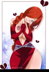 Rule 34 | 1girl, absurdres, bare shoulders, braid, breasts, cleavage, collarbone, crazy eyes, dress, elbow gloves, fairy tail, female focus, flare corona, gaston18, gloves, head tilt, heart, highres, large breasts, looking at viewer, makeup, neck, own hands together, red eyes, red hair, smile, solo, tattoo, thick thighs, thighs, wide hips