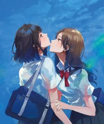 Rule 34 | 2girls, bag, black hair, blue background, brown eyes, brown hair, fly (marguerite), holding another&#039;s arm, long hair, looking at another, looking up, medium hair, multiple girls, neck ribbon, original, pleated skirt, ribbon, school bag, school uniform, shirt, short sleeves, simple background, skirt, white shirt