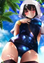 Rule 34 | 1girl, black hair, black thighhighs, blush, bracelet, breasts, cameltoe, fate/grand order, fate (series), from below, highres, jewelry, kuro yanagi, large breasts, light smile, looking at viewer, ortlinde (fate), outdoors, red eyes, school swimsuit, short hair, solo, swimsuit, thighhighs, valkyrie (fate), wet