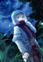 Rule 34 | 1girl, black pantyhose, blue eyes, blunt bangs, blurry, blurry foreground, bug, capelet, cloud, cloudy sky, coat, covered mouth, cowboy shot, depth of field, duffel coat, dutch angle, fireflies, frilled capelet, frills, grass, hairband, long sleeves, looking at viewer, miniskirt, night, night sky, open clothes, open coat, original, pantyhose, purple skirt, red scarf, scarf, scarf over mouth, silver hair, skirt, sky, solo, standing, star (sky), starry sky, sweater, tree, white capelet, white coat, white hairband, windfeathers