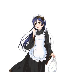 Rule 34 | 10s, 1girl, bag, blue hair, blush, long hair, love live!, love live! school idol festival, love live! school idol project, maid, maid headdress, non-web source, official art, open mouth, plastic bag, smile, solo, sonoda umi, transparent background, wa maid, white background, yellow eyes