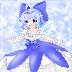 Rule 34 | 1girl, adapted costume, ahoge, blue dress, blue eyes, blue hair, blush, border, bow, cirno, collarbone, commentary, dress, frilled dress, frills, hair bow, highres, ice, ice wings, jewelry, layered dress, matching hair/eyes, mofu mofu, necklace, open mouth, outstretched arms, overskirt, pendant, puffy short sleeves, puffy sleeves, see-through, short sleeves, smile, solo, tiara, touhou, white dress, wings, wrist cuffs