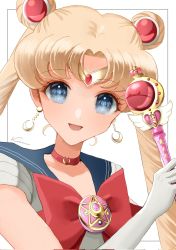 Rule 34 | 1girl, bishoujo senshi sailor moon, blonde hair, blue eyes, blue sailor collar, brooch, choker, commentary request, corrupted twitter file, crescent, crescent earrings, cutie moon rod, double bun, earrings, female focus, hair bun, highres, jewelry, koharumichi, looking at viewer, red choker, sailor collar, sailor moon, sailor senshi uniform, simple background, solo, tsukino usagi, twintails, upper body, wand, white background