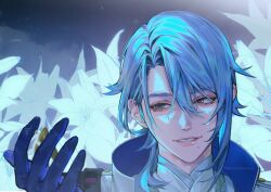 Rule 34 | 1boy, artist name, black gloves, blue eyes, blue hair, collared jacket, eyelashes, flower, genshin impact, gloves, hair between eyes, hand up, highres, jacket, japanese clothes, kamisato ayato, looking to the side, male focus, mandarin collar, mole, mole under mouth, parted lips, shirt, short hair, sidelocks, smile, solo, swept bangs, water drop, wet, wet hair, white flower, white jacket, white shirt, yoonmiumi