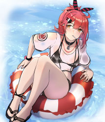 Rule 34 | 1girl, 3 small spiders, absurdres, bare legs, bikini, black bikini, black choker, blush, bracelet, breasts, candy, choker, closed mouth, commentary request, food, girls&#039; frontline, hair ornament, hair ribbon, highres, jewelry, legs, lifebuoy, lollipop, long hair, looking at viewer, lying, medallion, mp7 (girls&#039; frontline), mp7 (lollipop ammo) (girls&#039; frontline), necklace, official alternate costume, orange eyes, red hair, ribbon, sandals, sitting, small breasts, solo, swim ring, swimsuit, thighs, water