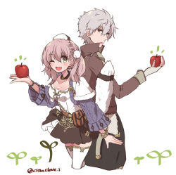 1boy 1girl ;d apple atelier_(series) atelier_escha_&amp;_logy back-to-back belt_pouch blush bracelet braid breasts brown_jacket brown_skirt capelet choker cleavage cowboy_shot cropped_legs escha_malier food fruit green_eyes hair_between_eyes hand_up haruna_(citrus_love_i) hat highres holding holding_food holding_fruit jacket jewelry logix_ficsario long_hair long_sleeves looking_at_viewer notice_lines one_eye_closed open_mouth pink_hair pouch purple_jacket red_apple shirt short_hair skirt smile standing twintails twitter_username white_background white_capelet white_shirt