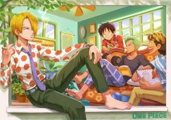 Rule 34 | barefoot, black hair, blonde hair, cigarette, copyright name, drawing, dumbbell, exercising, facial hair, green hair, hair over one eye, highres, holding, indoors, male focus, monkey d. luffy, multiple boys, oekakiboya, one piece, open mouth, pants, roronoa zoro, sanji (one piece), short hair, sketchbook, smile, smoke, smoking, symbol-only commentary, usopp, weightlifting, weights