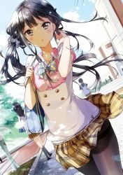 Rule 34 | 10s, 1girl, adagaki aki, artist request, black hair, black pantyhose, blurry, blurry background, blush, clothes lift, cloud, day, hand in own hair, highres, looking at viewer, masamune-kun no revenge, open mouth, pantyhose, plaid, plaid skirt, pleated skirt, school uniform, skirt, skirt lift, sky, solo, tiv, twintails