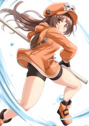 Rule 34 | 1girl, :q, backpack, bag, bike shorts, black gloves, brown hair, commentary request, concealed weapon, fingerless gloves, gloves, guilty gear, guilty gear strive, hat, highres, holding, holding sword, holding weapon, kibihimi, long hair, long sleeves, looking at viewer, may (guilty gear), orange footwear, orange hat, pirate hat, sheath, shoes, skull and crossbones, smile, solo, strive, sword, sword cane, thighs, tongue, tongue out, unsheathing, weapon, yellow eyes