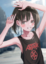 Rule 34 | 1girl, absurdres, anthrax (band), bad id, bad twitter id, band shirt, bare shoulders, black hair, black shirt, blurry, blurry background, blush, brown eyes, depth of field, fingernails, gishiki (gshk), hair ornament, hairclip, hands up, highres, looking at viewer, merchandise, pentacle, photo background, shirt, sleeveless, sleeveless shirt, smile, solo