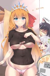 Rule 34 | + +, 3girls, ^^^, absurdres, animal ear fluff, animal ears, bad id, bad pixiv id, bathroom scale, black hair, black sweater, blue eyes, blurry, blush, bow, bow panties, breasts, brown hair, cat ears, censored, closed mouth, clothes hanger, collarbone, commentary request, d:, depth of field, fang, gluteal fold, highres, karyl (princess connect!), kokkoro (princess connect!), large breasts, long hair, looking at viewer, meme attire, mosaic censoring, multiple girls, mushpz, no pants, open-chest sweater, open mouth, panties, pecorine (princess connect!), peeking out, pink panties, princess connect!, purple eyes, ribbed sweater, romaji text, signature, silver hair, smile, sweatdrop, sweater, tiara, torn clothes, torn sweater, translation request, underboob, underwear, v-shaped eyebrows, very long hair, weighing scale