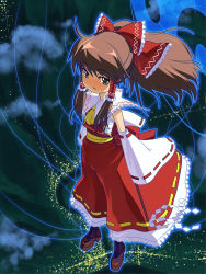 Rule 34 | 1girl, ascot, bad id, bad pixiv id, bare shoulders, bow, brown eyes, brown hair, city lights, cloud, detached sleeves, female focus, flying, full body, hair bow, hakurei reimu, long sleeves, looking at viewer, okina ika, outdoors, ponytail, red bow, ribbon-trimmed sleeves, ribbon trim, solo, standing, touhou, vest