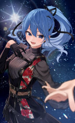 Rule 34 | 1girl, absurdres, black gloves, black nails, black ribbon, black shirt, blue hair, chest harness, ear piercing, gloves, hair ribbon, harness, highres, hololive, hoshimachi suisei, hoshimachi suisei (shout in crisis), long hair, looking at viewer, nail polish, nisi ki no, official alternate costume, open mouth, piercing, ribbon, shirt, single glove, sky, smile, solo, star (sky), star (symbol), star in eye, starry sky, symbol in eye, turtleneck, turtleneck shirt, virtual youtuber