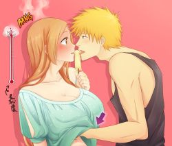 Rule 34 | 1boy, 1girl, 57 (lme piggy117), bleach, blush, breasts, cleavage, eye contact, inoue orihime, kurosaki ichigo, licking, long hair, looking at another, orange hair, popsicle, thermometer, tongue, wavy mouth