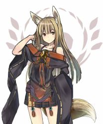 Rule 34 | 1girl, animal ears, bare shoulders, blonde hair, brown eyes, closed mouth, commentary request, cowboy shot, fox ears, fox tail, hand up, inabi, japanese clothes, long sleeves, looking at viewer, o-ring, original, solo, standing, tail, tassel, wide sleeves