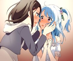 Rule 34 | 2girls, :o, ahoge, bang dream!, blue hair, blush, brown hair, clenched hands, commentary request, cropped jacket, eye contact, face-to-face, flower, frilled sleeves, frills, gradient background, hair flower, hair ornament, hairpin, hands up, hood, hood down, long hair, long sleeves, looking at another, matsubara kanon, multiple girls, okusawa misaki, one side up, own hands together, purple eyes, ribbon, sweatdrop, upper body, yae (eky 567), yuri