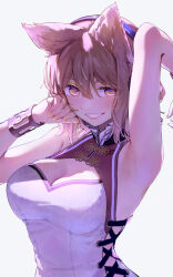 Rule 34 | alternate costume, arm up, armpits, bare shoulders, bracelet, breasts, brown eyes, brown hair, china dress, chinese clothes, cleavage, cleavage cutout, clothing cutout, commentary request, dress, grey background, grin, highres, jewelry, large breasts, looking at viewer, nail polish, pink lips, pointy hair, short hair, simple background, sleeveless, sleeveless dress, smile, syuri22, touhou, toyosatomimi no miko, upper body, yellow nails