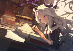 Rule 34 | 1girl, ahoge, alternate costume, backlighting, black coat, blue archive, blurry, book, book stack, bookshelf, coat, collared shirt, commentary request, demon girl, demon horns, depth of field, forehead, fularika, hair ornament, hairclip, halo, highres, hina (blue archive), holding, holding pen, horns, indoors, leaning forward, long hair, long sleeves, looking away, necktie, office, paper, parted bangs, pen, pointing, ponytail, purple eyes, school uniform, shirt, sidelocks, sitting, solo, white hair, wind, writing