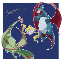 Rule 34 | :d, absurdres, akiwashi, animal focus, blue background, border, claws, closed eyes, commentary request, creatures (company), dragon, dragon tail, fangs, fighting, flygon, flying, game freak, gen 3 pokemon, highres, jirachi, legendary pokemon, mythical pokemon, nintendo, no humans, open mouth, outline, outside border, pokemon, pokemon (creature), salamence, signature, smile, tail, tongue, white border
