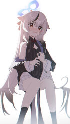 Rule 34 | 1girl, animal ears, black dress, black jacket, black socks, blue archive, blush, breasts, dress, grey hair, halo, highres, invisible chair, jacket, kokona (blue archive), long hair, looking at viewer, multicolored hair, off shoulder, open mouth, orange eyes, pelvic curtain, sitting, sleeveless, sleeveless dress, small breasts, socks, solo, streaked hair, striped clothes, striped dress, tearing up, turtleneck, vertical-striped clothes, vertical-striped dress, very long hair, yakumo crack