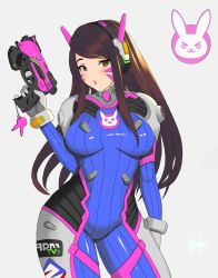 Rule 34 | 1girl, animal print, arm at side, blue bodysuit, blush, bodysuit, breasts, brown eyes, brown hair, charm (object), clothes writing, contrapposto, cowboy shot, d.va (overwatch), facepaint, facial mark, finger on trigger, gloves, grey background, gun, handgun, headphones, highres, holding, holding gun, holding weapon, long hair, looking at viewer, medium breasts, open mouth, overwatch, overwatch 1, pilot suit, pistol, rabbit print, ribbed bodysuit, shiny clothes, shoulder pads, simple background, skin tight, snvass3, solo, swept bangs, weapon, whisker markings, white gloves