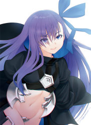 Rule 34 | 1girl, blue eyes, blue ribbon, breasts, closed mouth, cowboy shot, crop top, crotch plate, eyes visible through hair, fate/grand order, fate (series), hair between eyes, hair ribbon, highres, kazuma muramasa, lips, long hair, long sleeves, looking at viewer, meltryllis (fate), midriff, navel, purple hair, revealing clothes, ribbon, signature, simple background, small breasts, solo, stomach, white background