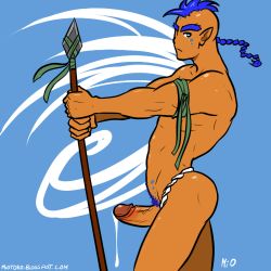 Rule 34 | 1boy, armband, azul, blue hair, blue pubic hair, braid, braided ponytail, cum, cum string, erection, functionally nude, fundoshi, japanese clothes, large penis, lowres, male focus, mioworks, mohawk, muscular, penis, polearm, pubic hair, spear, thick eyebrows, veins, veiny penis, watermark, weapon, web address
